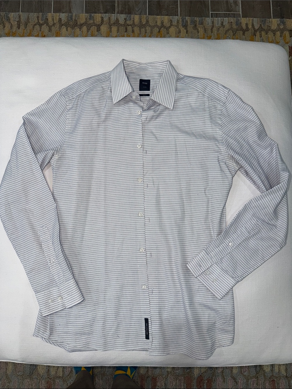 Hugo Boss White Micro-Grid Long-Sleeve Dress Shirt